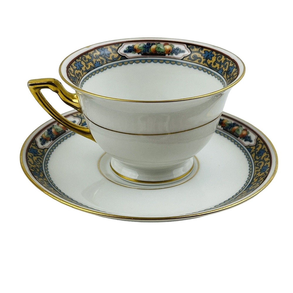 Thomas Bavaria Harvest Footed‎ Cup & Saucer Set Fruit Blue Scroll Gold Rim